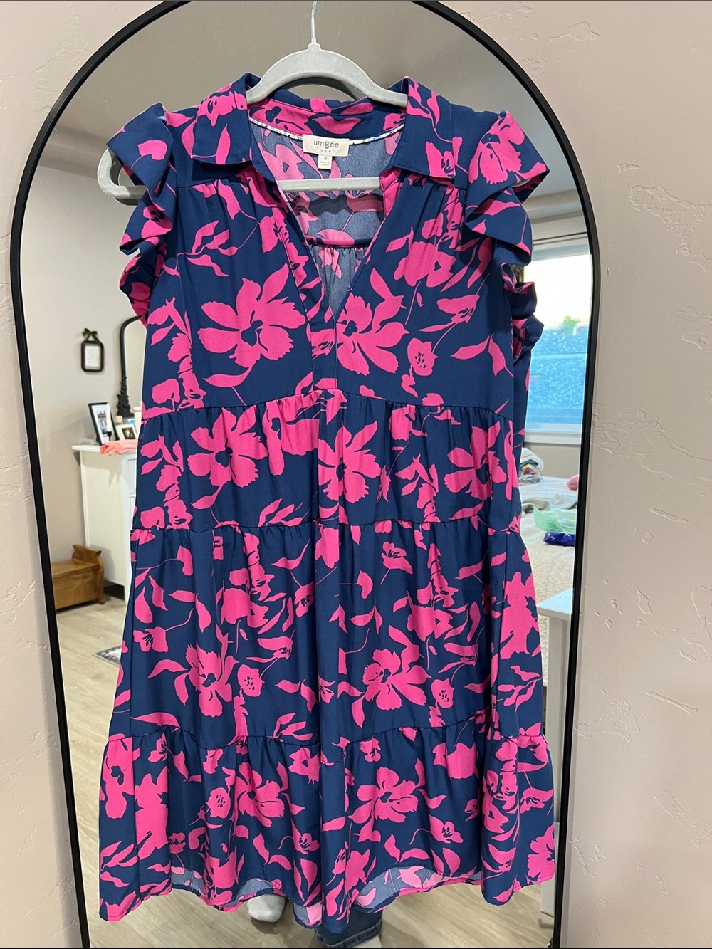 Umgee Navy & Hot Pink Floral Ruffle Tiered Dress